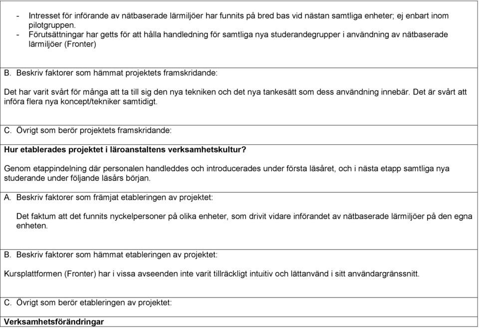 Beskriv faktorer som hämmat projektets framskridande: Det har varit svårt för många att ta till sig den nya tekniken och det nya tankesätt som dess användning innebär.