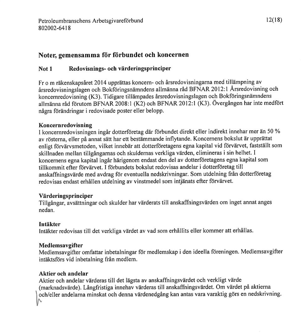 Som utdelning från dotterföretag Petroleumhranschens Arhetsgi vareförbund 1 2(1 8) och/eller andelarna minskat och denna värdenedgång kan antas vara varaktig görs en nedskrivning.