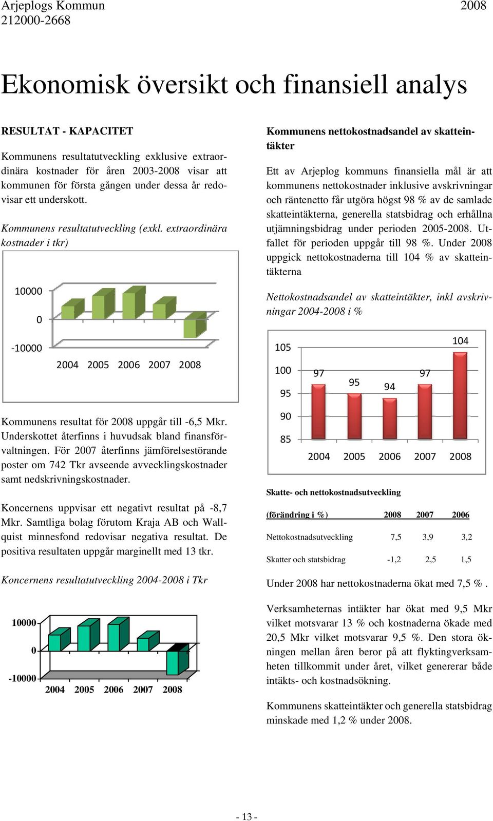 extraordinära kostnader i tkr) 10000 0 Kommunens nettokostnadsandel av skatteintäkter Ett av Arjeplog kommuns finansiella mål är att kommunens nettokostnader inklusive avskrivningar och räntenetto