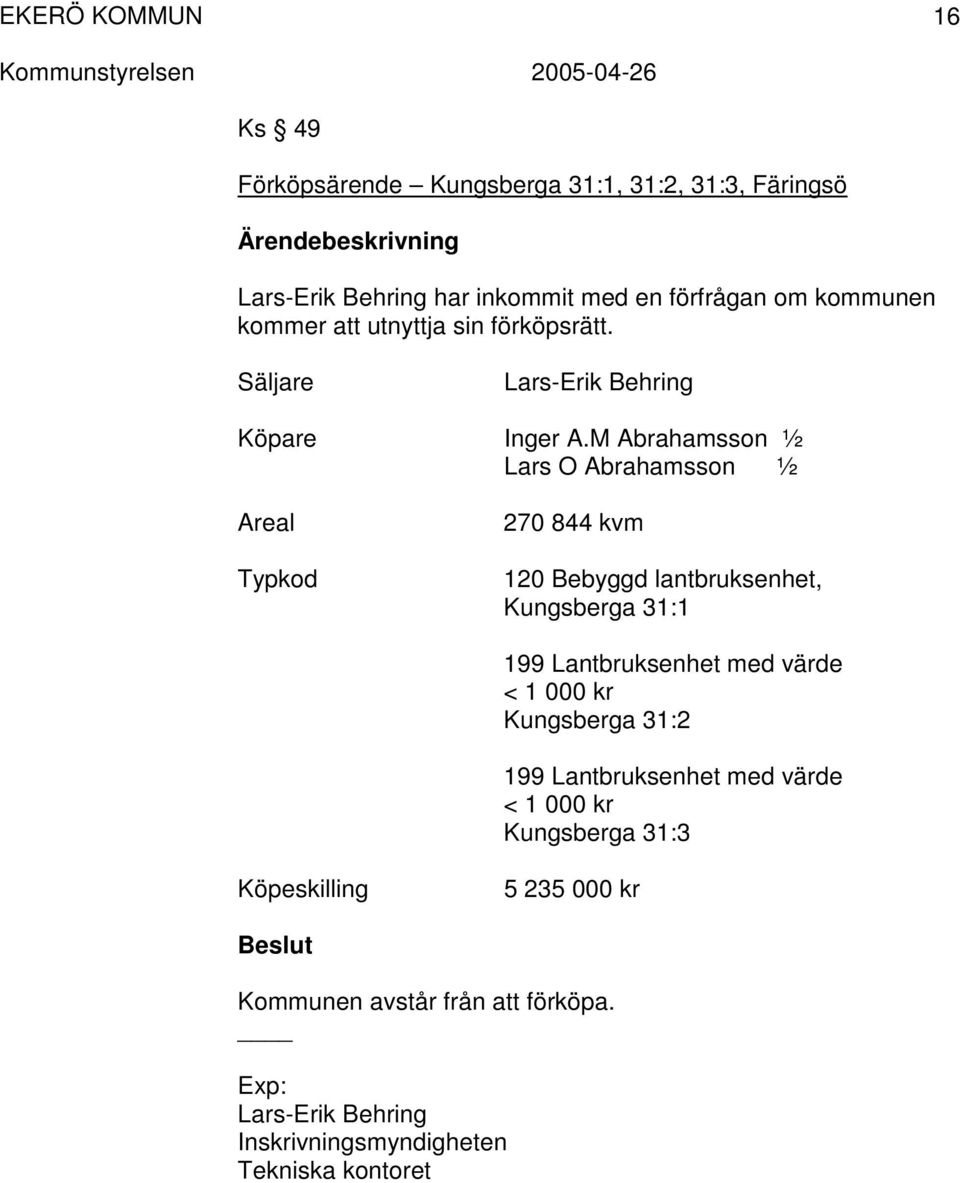 M Abrahamsson ½ Lars O Abrahamsson ½ 270 844 kvm 120 Bebyggd lantbruksenhet, Kungsberga 31:1 199 Lantbruksenhet med värde < 1 000 kr