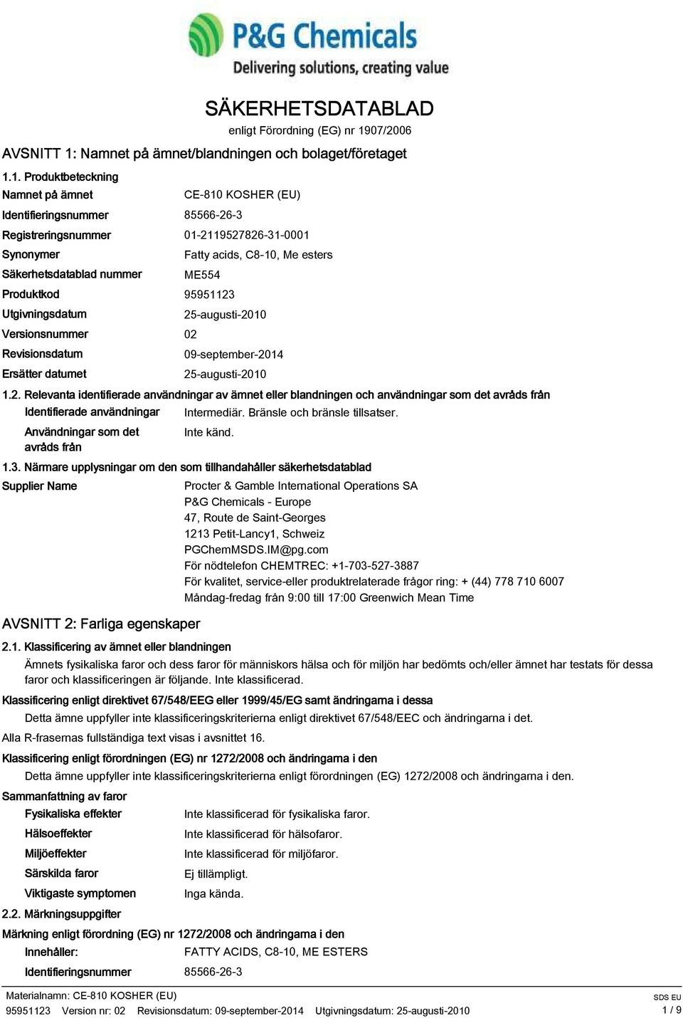 Namnet på ämnet/blandningen och bolaget/företaget 1.