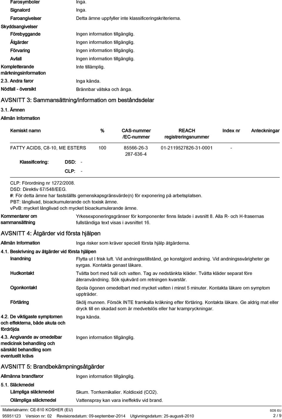 Ämnen Allmän Information Kemiskt namn % CAS-nummer /EC-nummer REACH registreringsnummer Index nr Anteckningar 100 85566-26-3 287-636-4 01-2119527826-31-0001 - Klassificering: DSD: - CLP: - CLP: