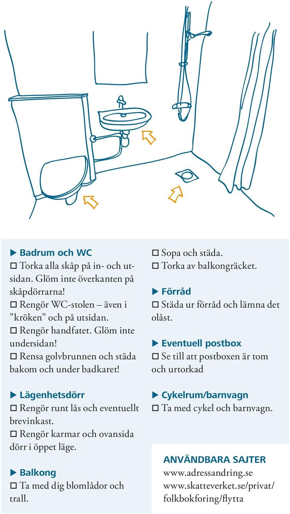 o Rengör karmar och ovansida dörr i öppet läge. Balkong o Ta med dig blomlådor och trall. o Sopa och städa. o Torka av balkongräcket.