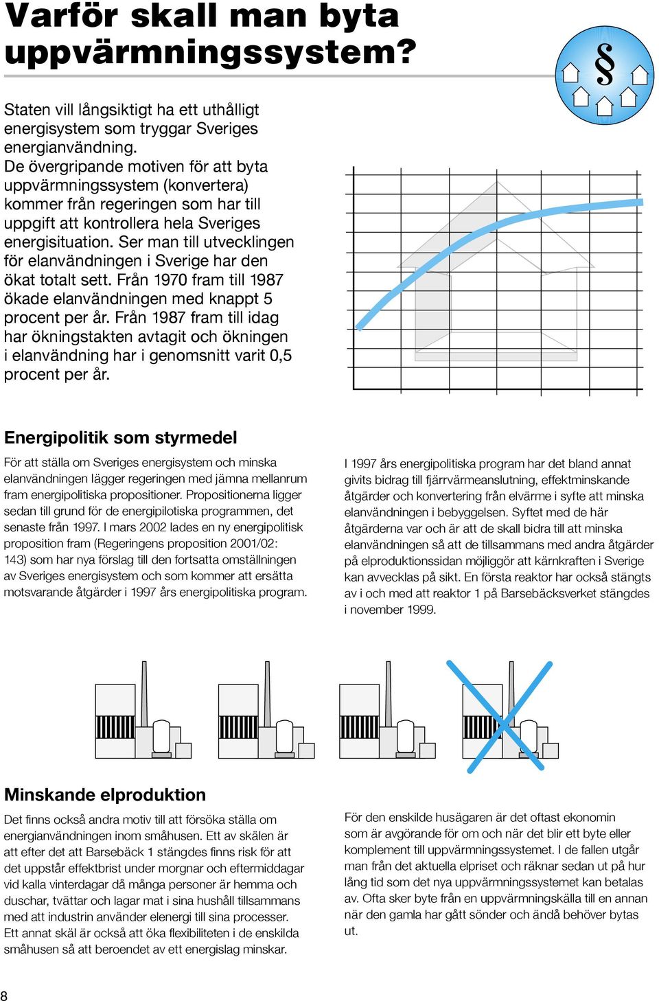 Ser man till utvecklingen för elanvändningen i Sverige har den ökat totalt sett. Från 1970 fram till 1987 ökade elanvändningen med knappt 5 procent per år.