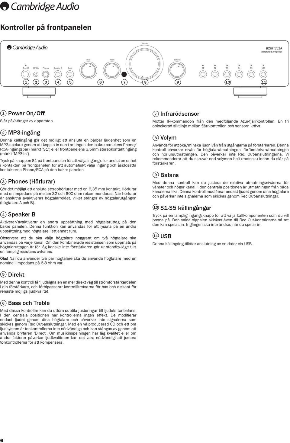 2 MP3-ingång Denna källingång gör det möjligt att ansluta en bärbar ljudenhet som en MP3-spelare genom att koppla in den i antingen den bakre panelens Phono/ RCA-ingångspar (märkt ) eller