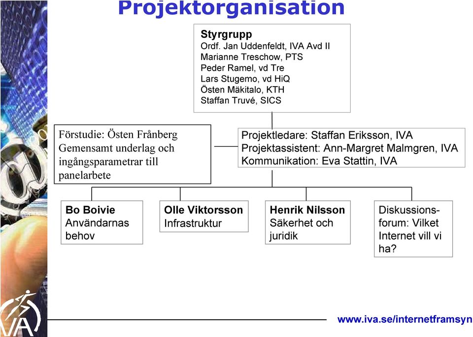 SICS Förstudie: Östen Frånberg Gemensamt underlag och ingångsparametrar till panelarbete Projektledare: Staffan Eriksson, IVA