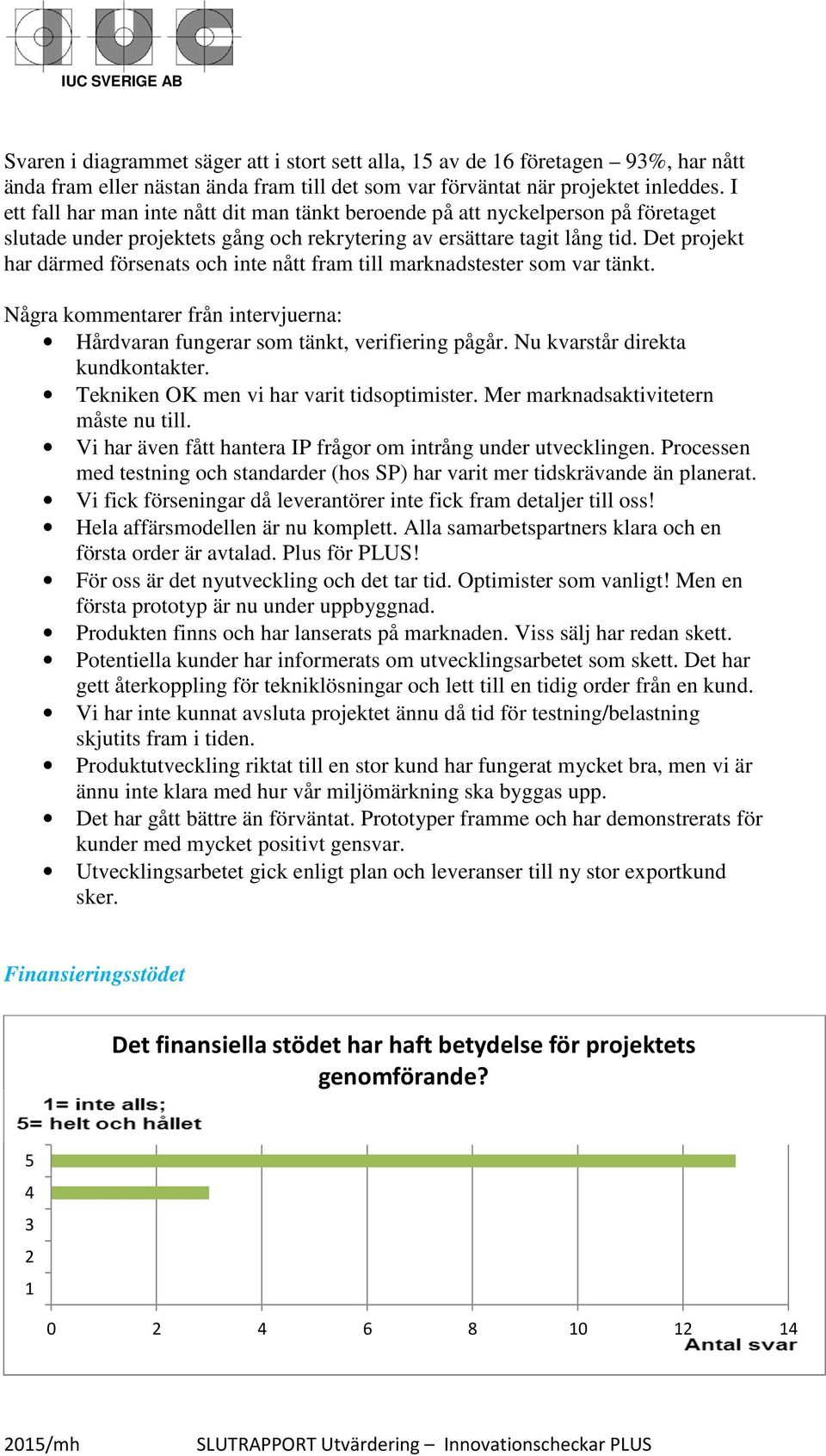 Det projekt har därmed försenats och inte nått fram till marknadstester som var tänkt. Några kommentarer från intervjuerna: Hårdvaran fungerar som tänkt, verifiering pågår.