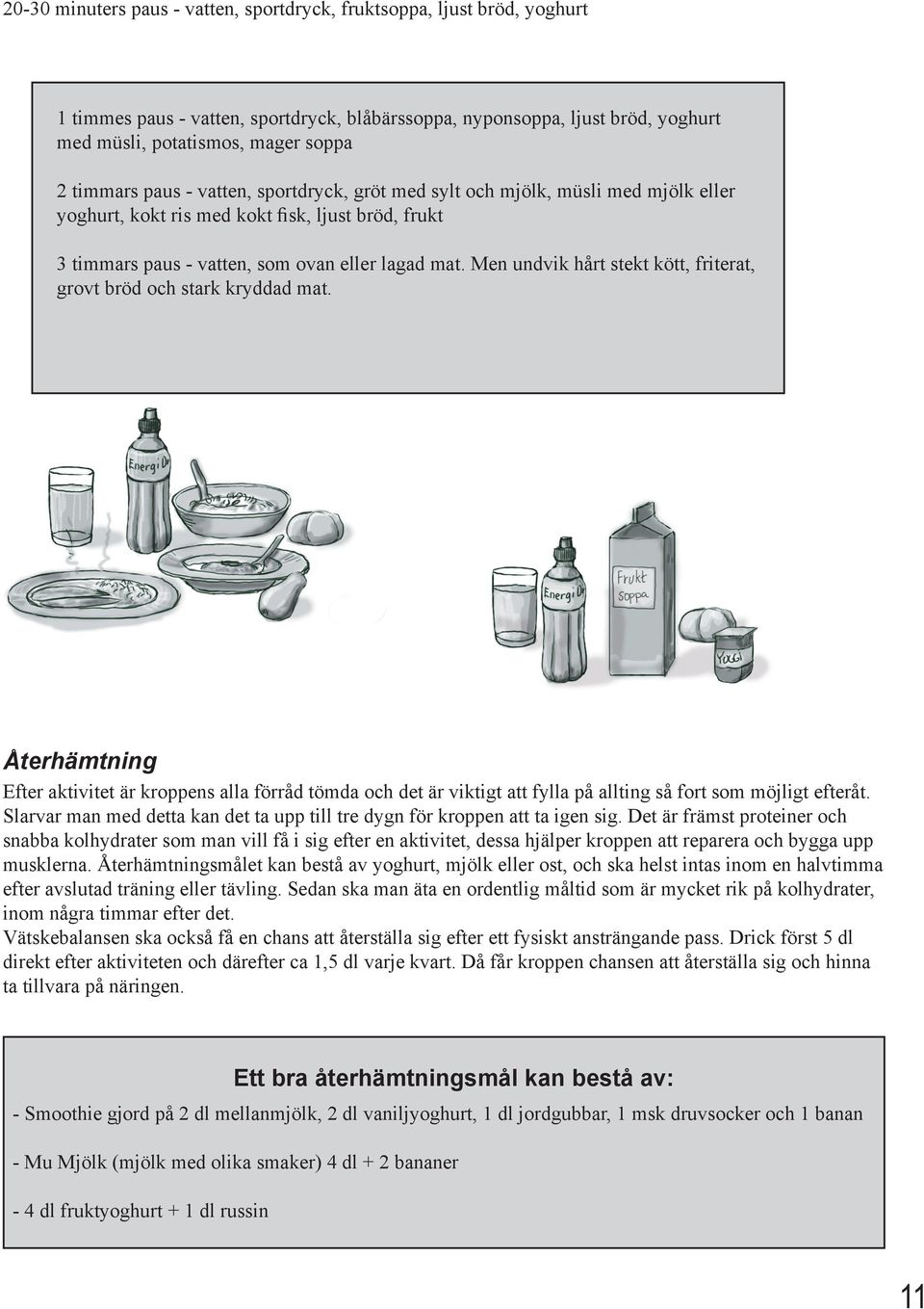 Men undvik hårt stekt kött, friterat, grovt bröd och stark kryddad mat. Återhämtning Efter aktivitet är kroppens alla förråd tömda och det är viktigt att fylla på allting så fort som möjligt efteråt.