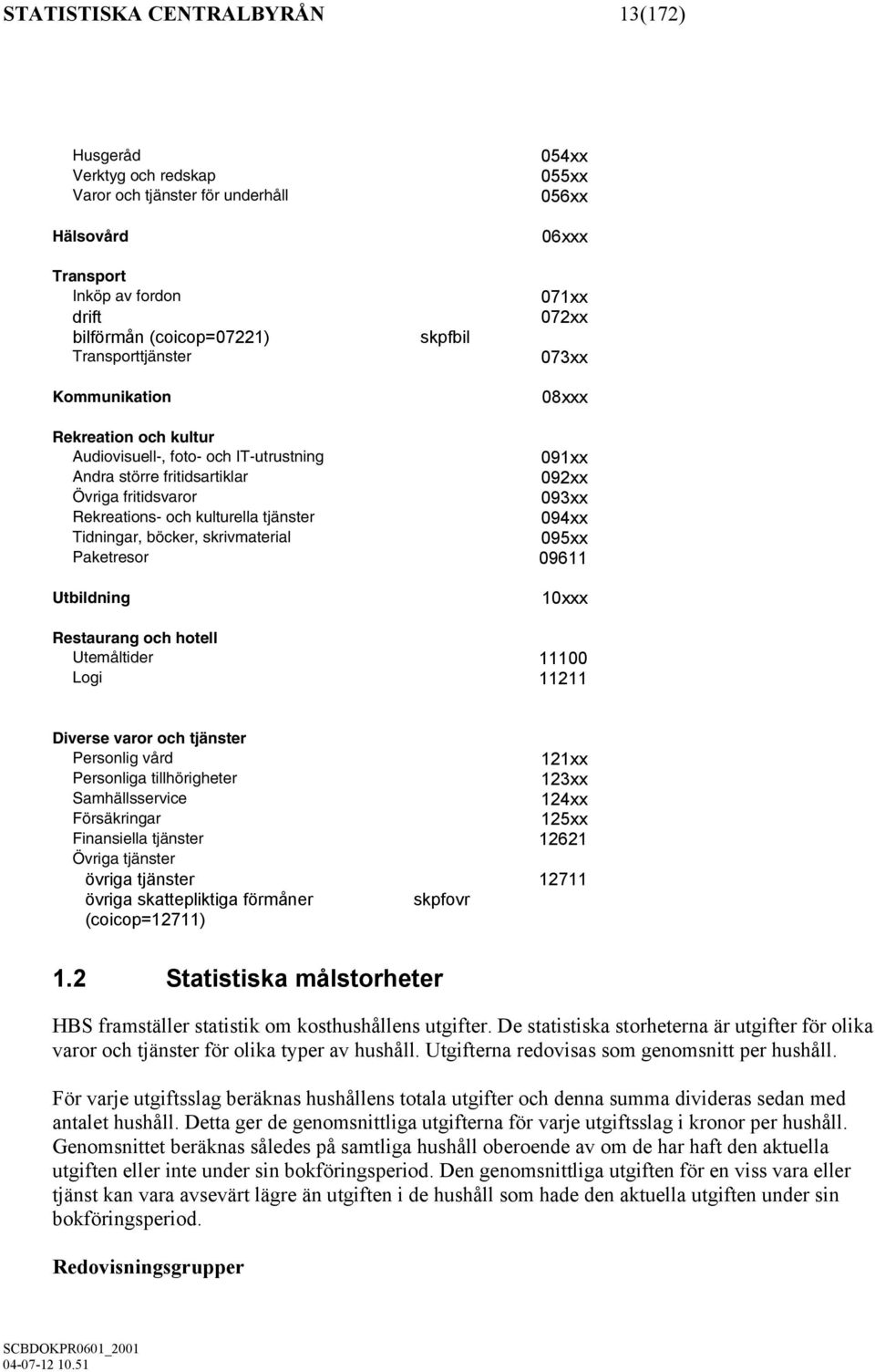 och kulturella tjänster 094xx Tidningar, böcker, skrivmaterial 095xx Paketresor 09611 Utbildning 10xxx Restaurang och hotell Utemåltider 11100 Logi 11211 Diverse varor och tjänster Personlig vård