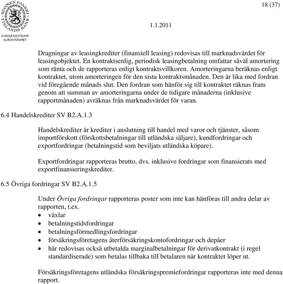 Amorteringarna beräknas enligt kontraktet, utom amorteringen för den sista kontraktsmånaden. Den är lika med fordran vid föregående månads slut.