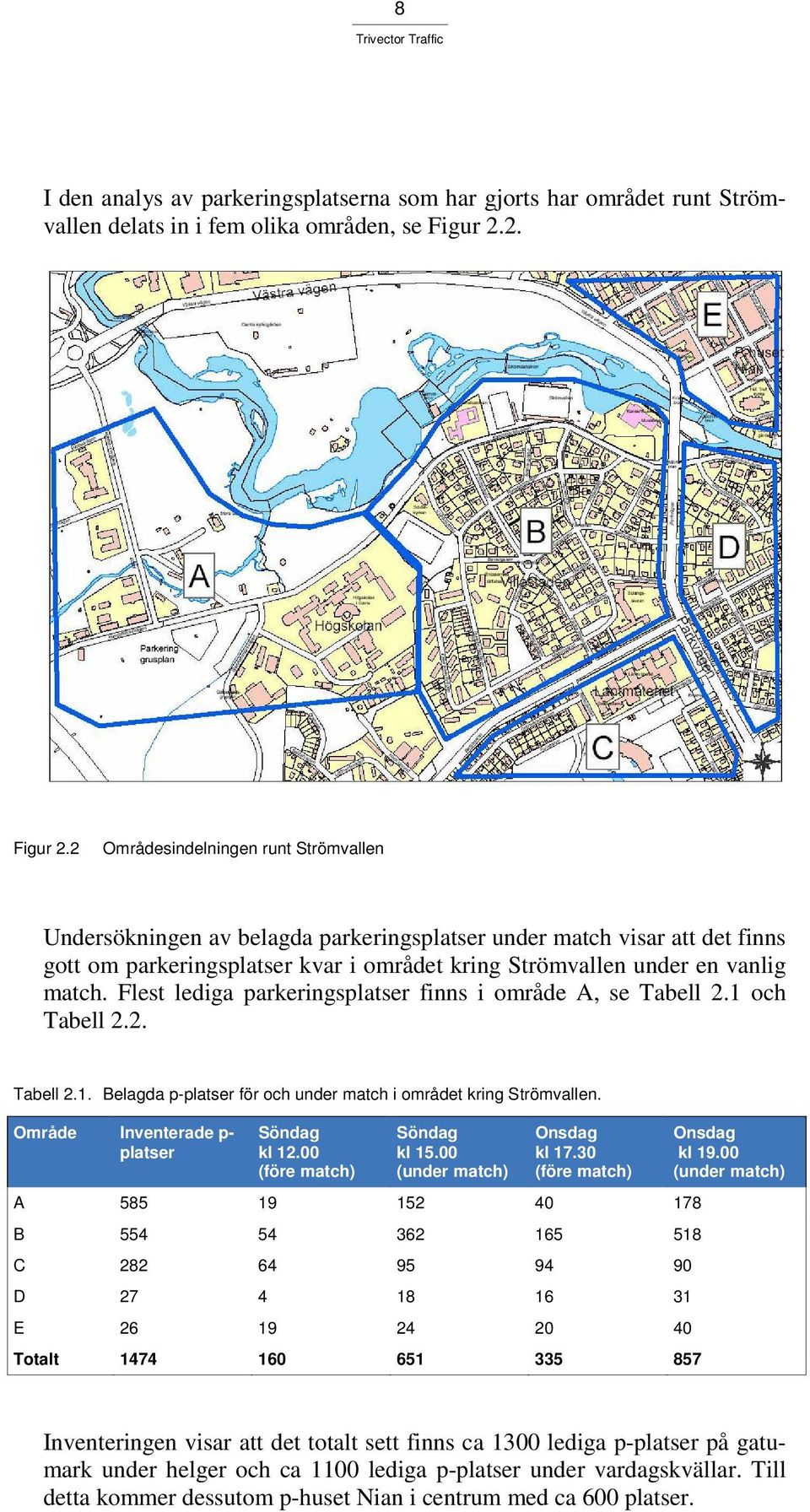 2 Områdesindelningen runt Strömvallen Undersökningen av belagda parkeringsplatser under match visar att det finns gott om parkeringsplatser kvar i området kring Strömvallen under en vanlig match.