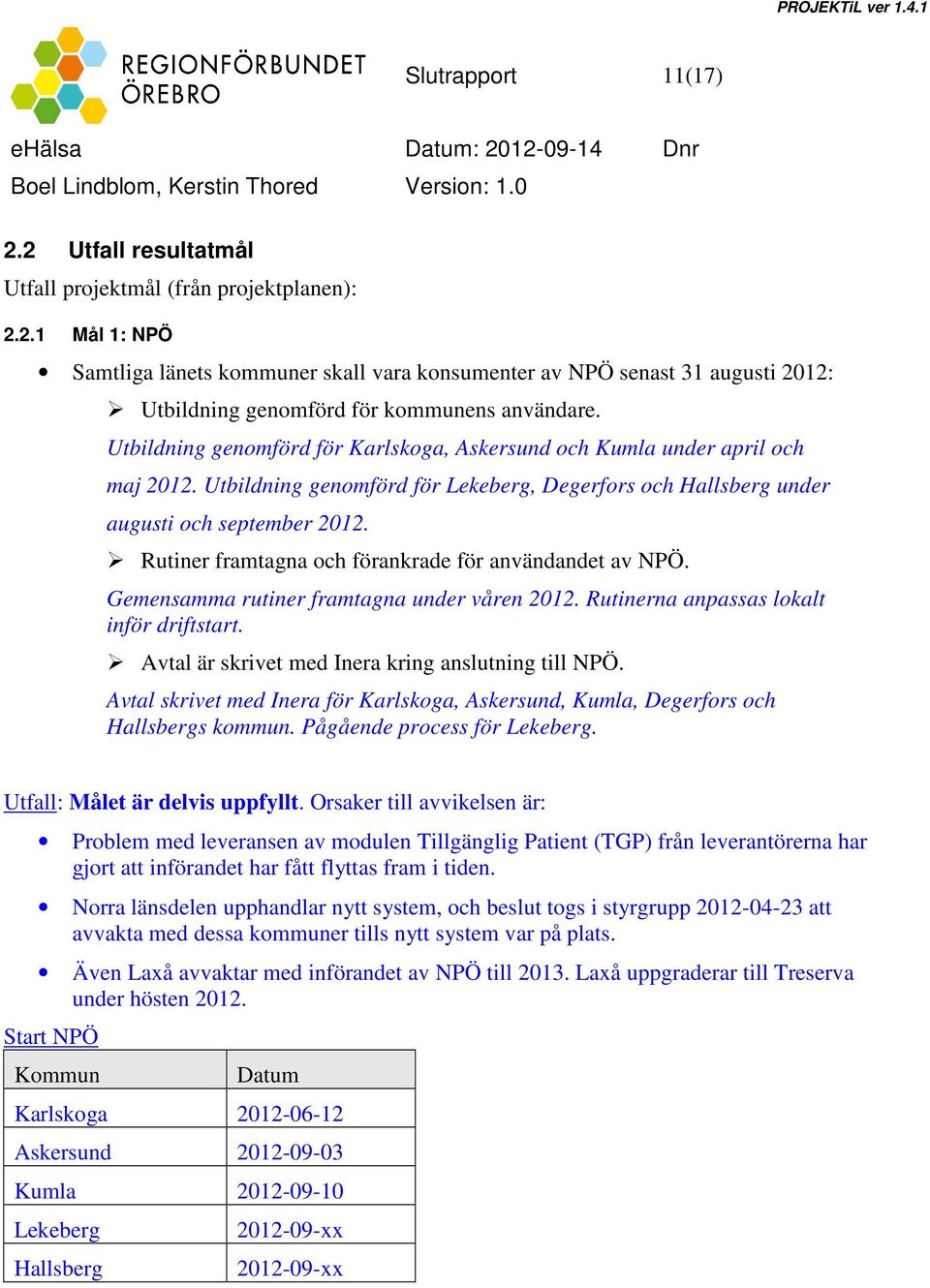 Rutiner framtagna och förankrade för användandet av NPÖ. Gemensamma rutiner framtagna under våren 2012. Rutinerna anpassas lokalt inför driftstart.