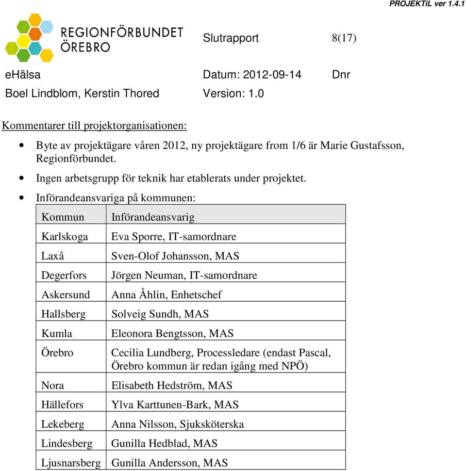 Införandeansvariga på kommunen: Kommun Karlskoga Laxå Degerfors Askersund Hallsberg Kumla Örebro Nora Hällefors Lekeberg Lindesberg Införandeansvarig Eva Sporre, IT-samordnare