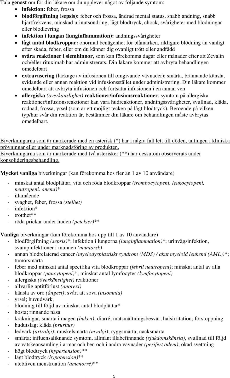 blåmärken, rikligare blödning än vanligt efter skada, feber, eller om du känner dig ovanligt trött eller andfådd svåra reaktioner i slemhinnor, som kan förekomma dagar eller månader efter att Zevalin