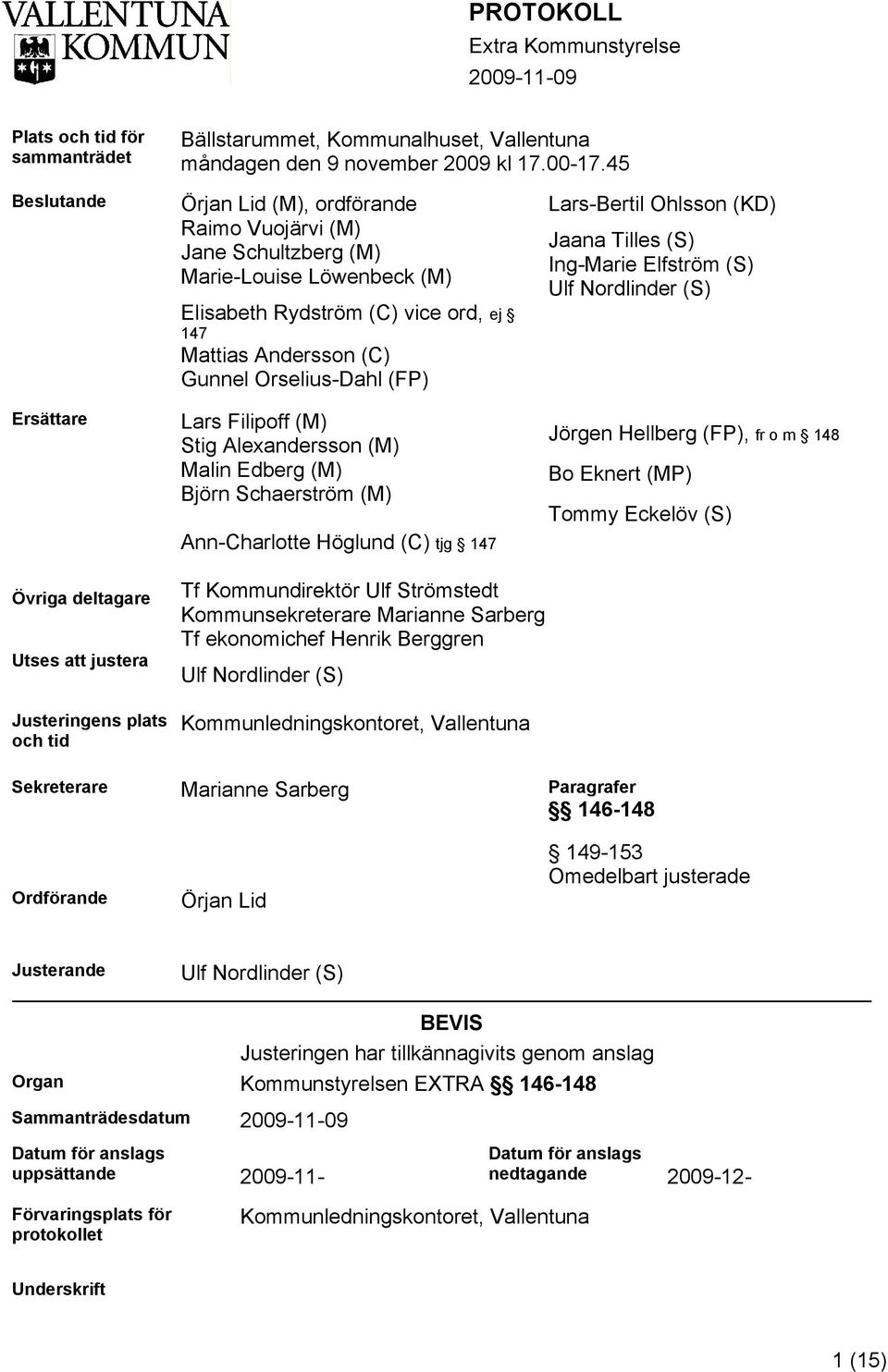 (FP) Lars Filipoff (M) Stig Alexandersson (M) Malin Edberg (M) Björn Schaerström (M) Ann-Charlotte Höglund (C) tjg 147 Lars-Bertil Ohlsson (KD) Jaana Tilles (S) Ing-Marie Elfström (S) Ulf Nordlinder