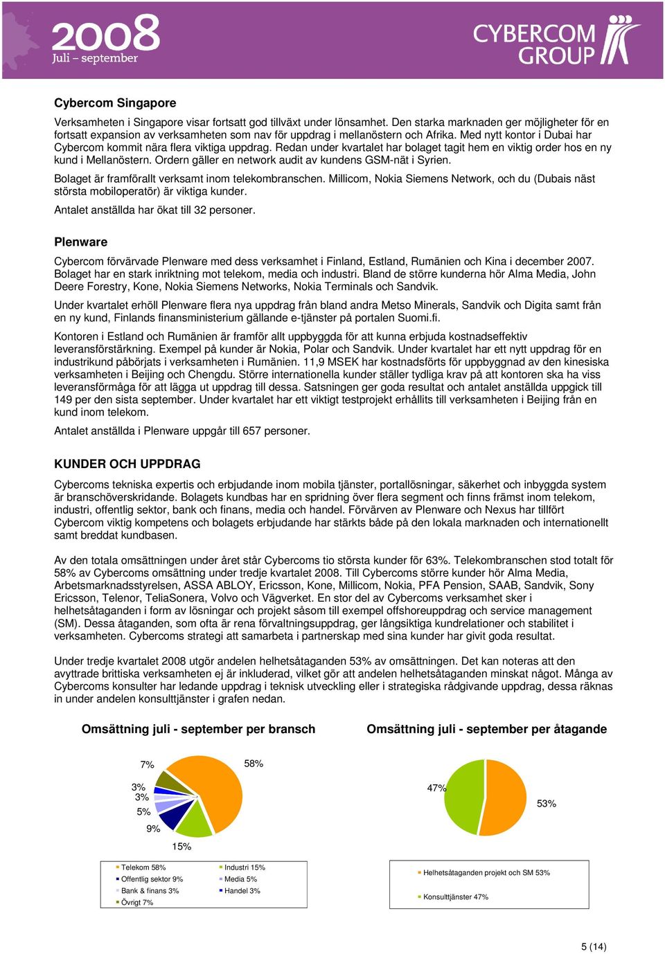 Redan under kvartalet har bolaget tagit hem en viktig order hos en ny kund i Mellanöstern. Ordern gäller en network audit av kundens GSM-nät i Syrien.