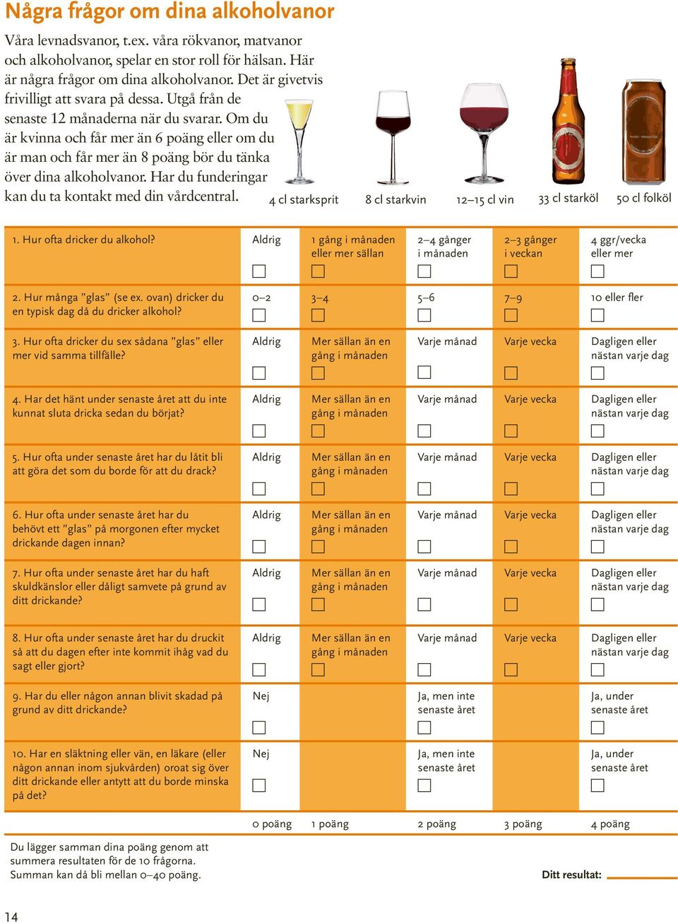 Om du är kvinna och får mer än 6 poäng eller om du är man och får mer än 8 poäng bör du tänka över dina alkoholvanor. Har du funderingar kan du ta kontakt med din vårdcentral.