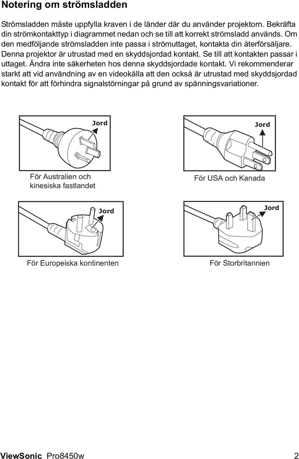 Denna projektor är utrustad med en skyddsjordad kontakt. Se till att kontakten passar i uttaget. Ändra inte säkerheten hos denna skyddsjordade kontakt.