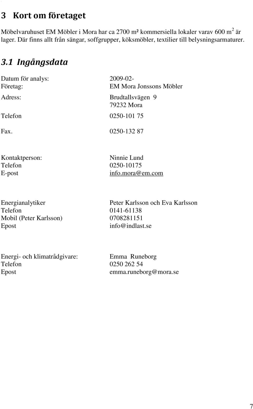 1 Ingångsdata Datum för analys: 2009-02- Företag: EM Mora Jonssons Möbler Adress: Brudtallsvägen 9 79232 Mora Telefon 0250-101 75 Fax.