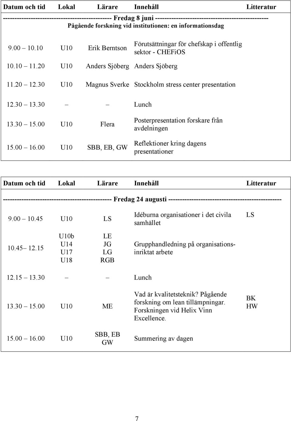 30 U10 Magnus Sverke Stockholm stress center presentation 12.30 13.30 Lunch 13.30 15.00 U10 Flera 15.00 16.