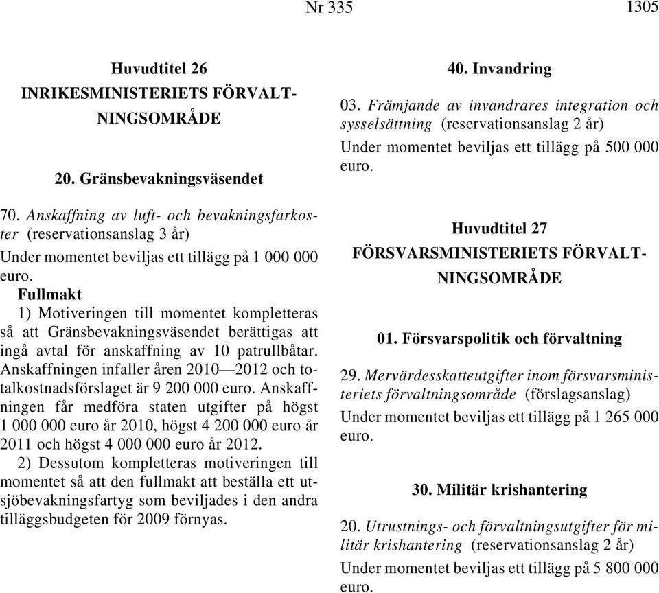 Gränsbevakningsväsendet berättigas att ingå avtal för anskaffning av 10 patrullbåtar.