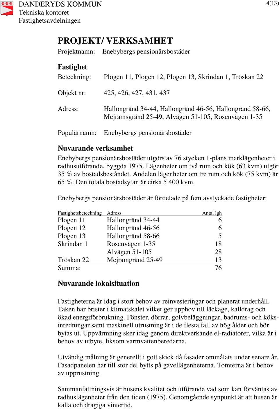 pensionärsbostäder utgörs av 76 stycken 1-plans marklägenheter i radhusutförande, byggda 1975. Lägenheter om två rum och kök (63 kvm) utgör 35 % av bostadsbeståndet.