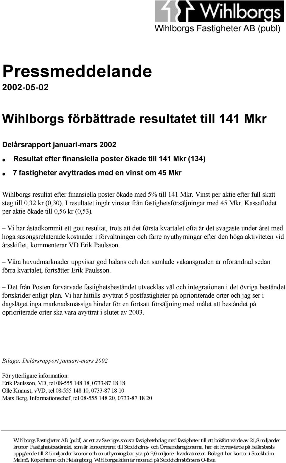 I resultatet ingår vinster från fastighetsförsäljningar med 45 Mkr. Kassaflödet per aktie ökade till 0,56 kr (0,53).