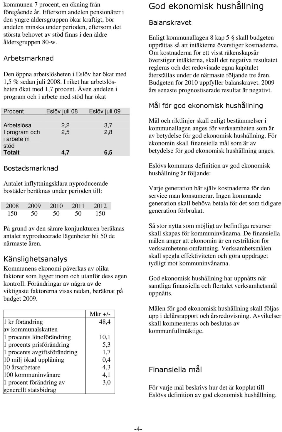 Arbetsmarknad Den öppna arbetslösheten i Eslöv har ökat med 1,5 % sedan juli 2008. I riket har arbetslösheten ökat med 1,7 procent.