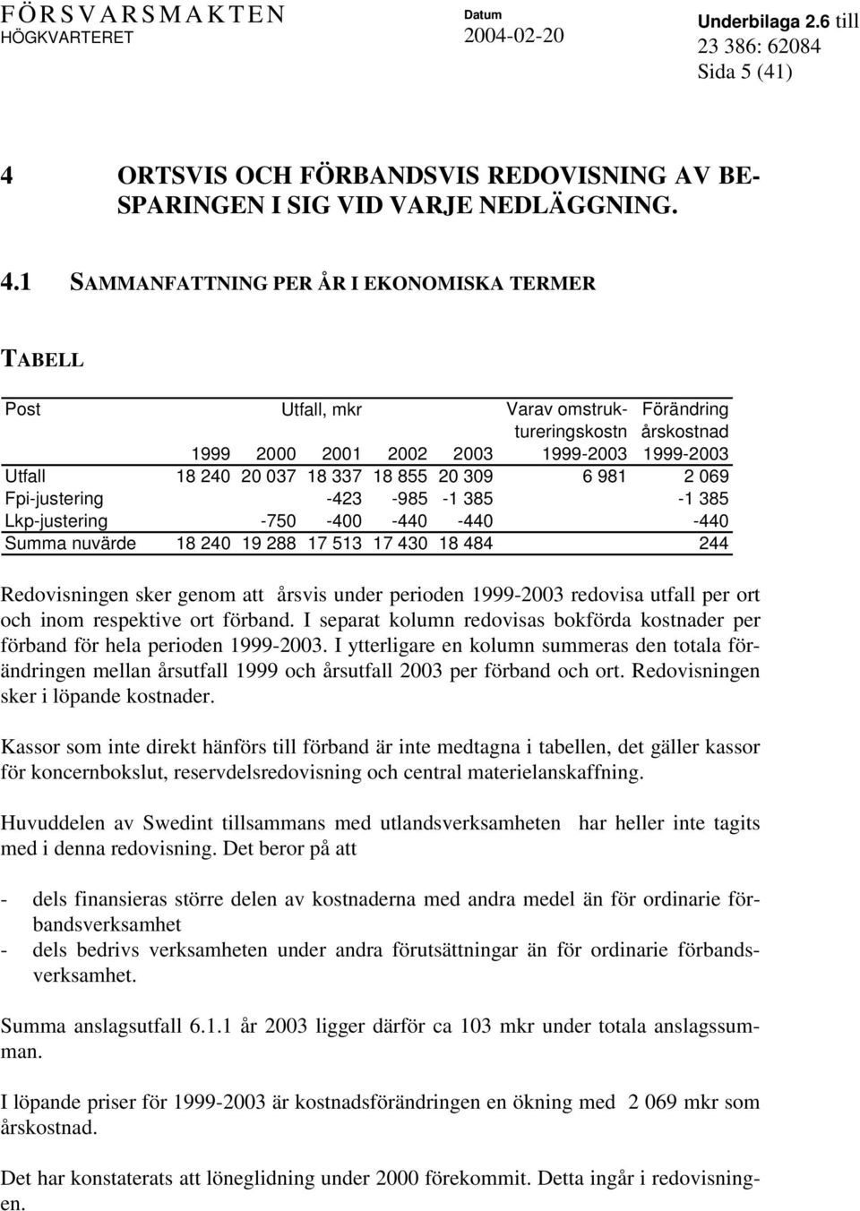 1 SAMMANFATTNING PER ÅR I EKONOMISKA TERMER TABELL Post Utfall, mkr Varav omstruk- Förändring tureringskostn årskostnad 1999 2000 2001 2002 2003 1999-2003 1999-2003 Utfall 18 240 20 037 18 337 18 855