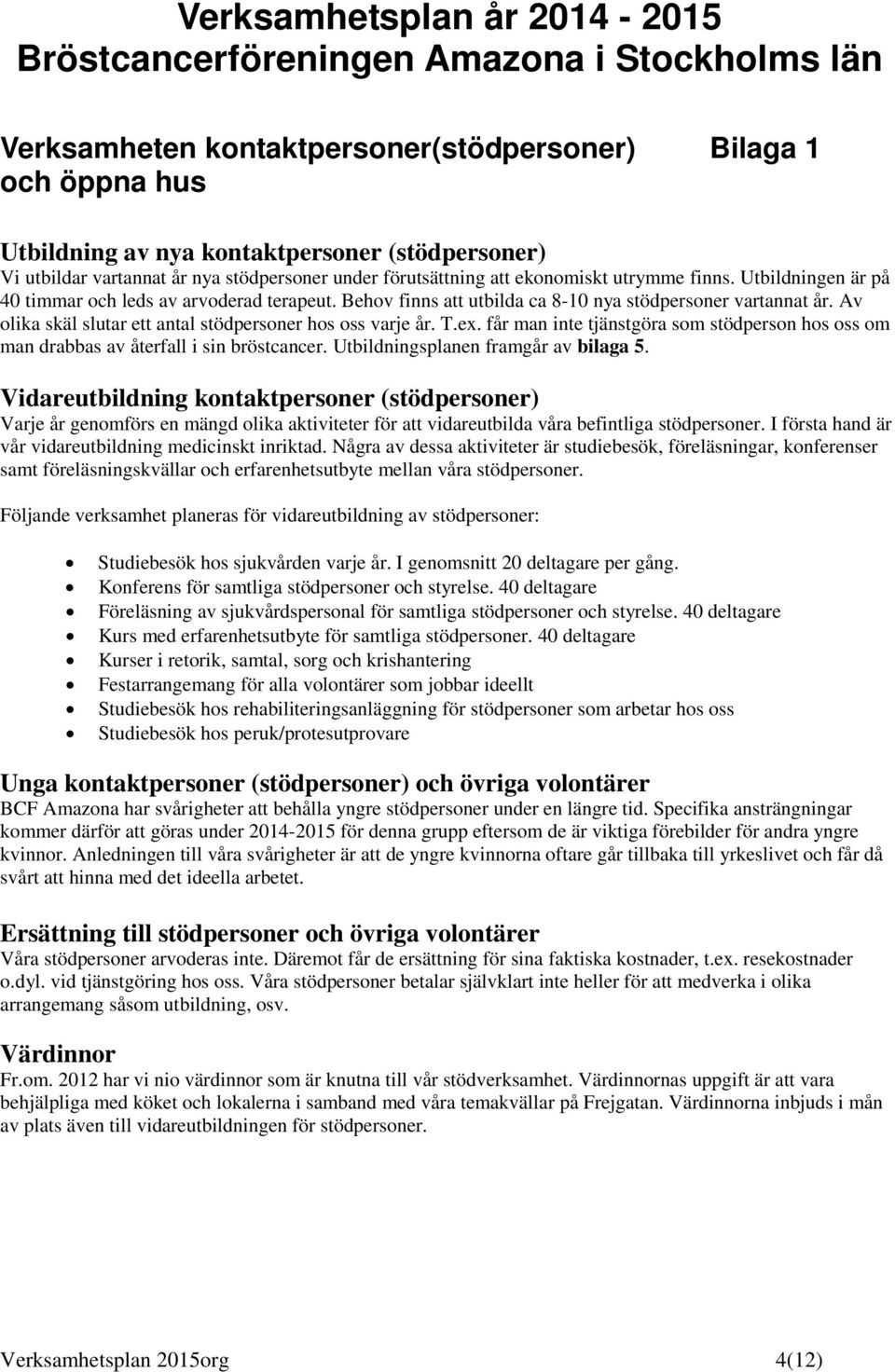 Av lika skäl slutar ett antal stödpersner hs ss varje år. T.ex. får man inte tjänstgöra sm stödpersn hs ss m man drabbas av återfall i sin bröstcancer. Utbildningsplanen framgår av bilaga 5.