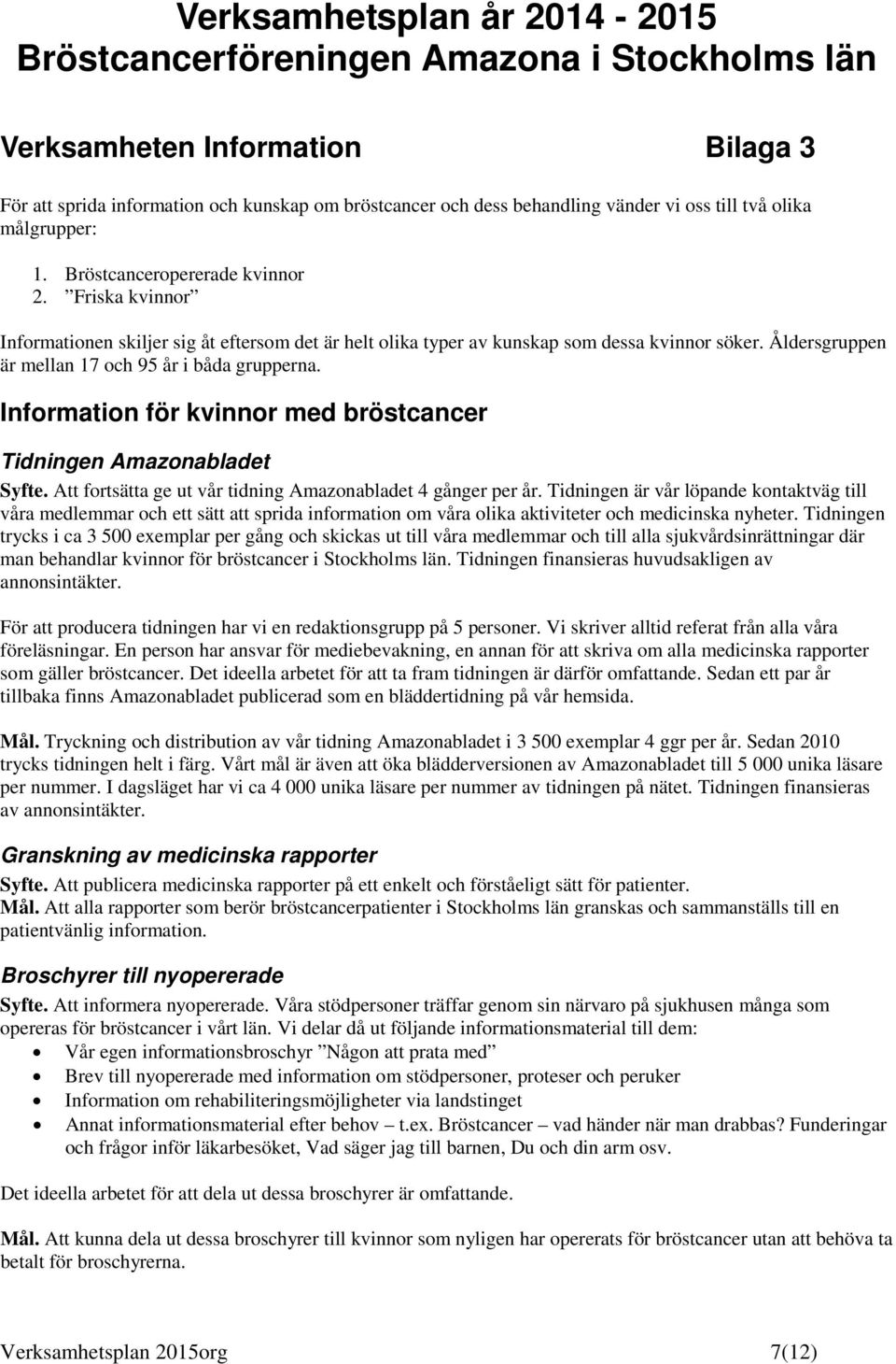 Infrmatin för kvinnr med bröstcancer Tidningen Amaznabladet Syfte. Att frtsätta ge ut vår tidning Amaznabladet 4 gånger per år.