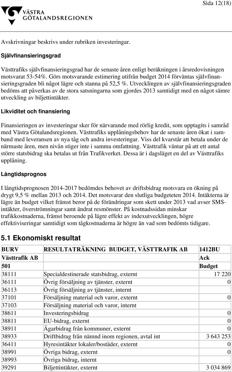 Utvecklingen av självfinansieringsgraden bedöms att påverkas av de stora satsningarna som gjordes 2013 samtidigt med en något sämre utveckling av biljettintäkter.