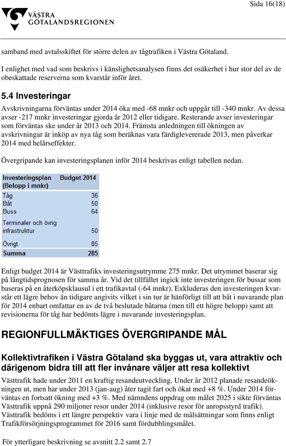 4 Investeringar Avskrivningarna förväntas under 2014 öka med -68 mnkr och uppgår till -340 mnkr. Av dessa avser -217 mnkr investeringar gjorda år 2012 eller tidigare.