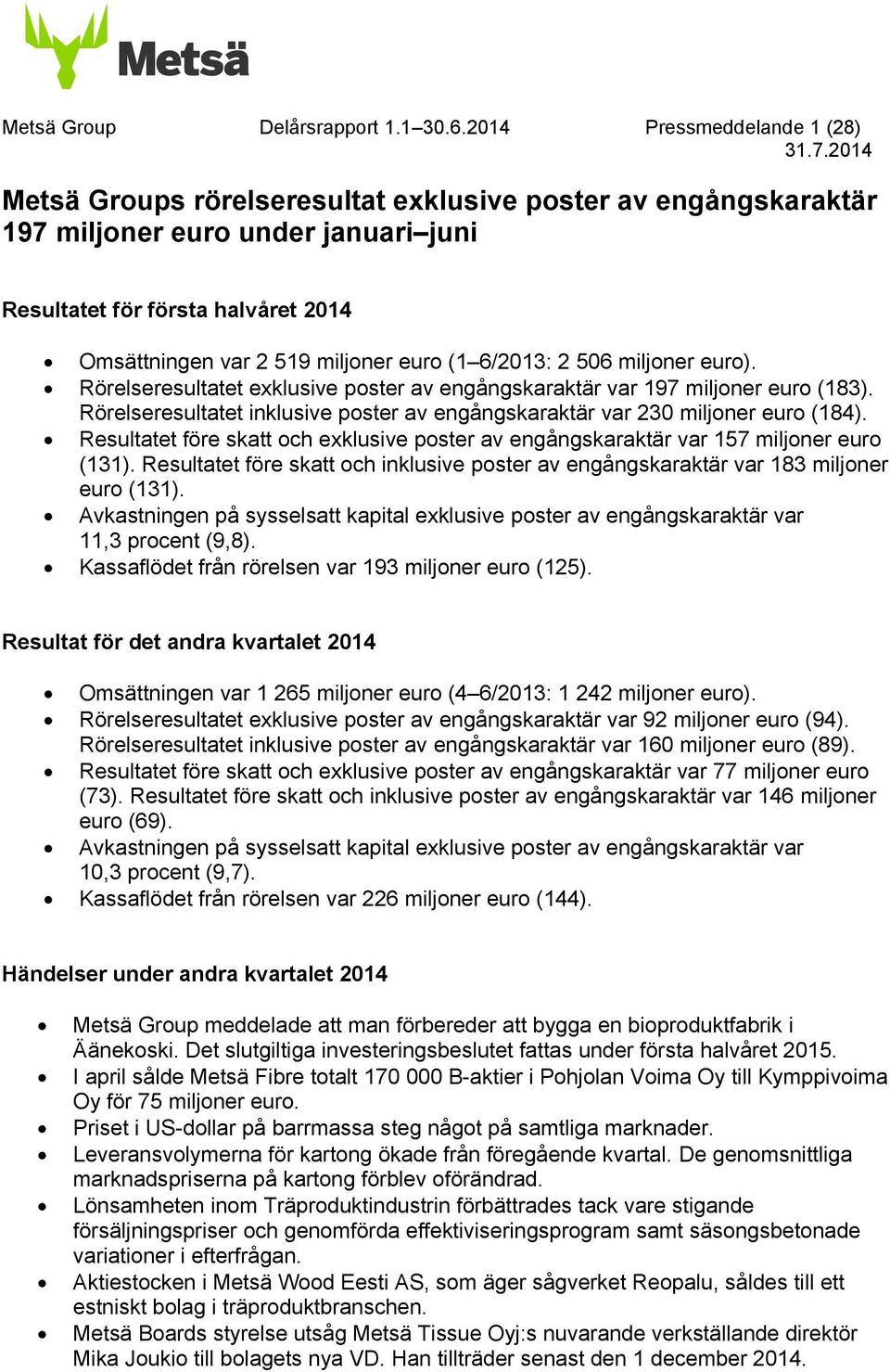 euro (1 6/: 2 506 miljoner euro). Rörelseresultatet exklusive poster av engångskaraktär var 197 miljoner euro (183). Rörelseresultatet inklusive poster av engångskaraktär var 230 miljoner euro (184).