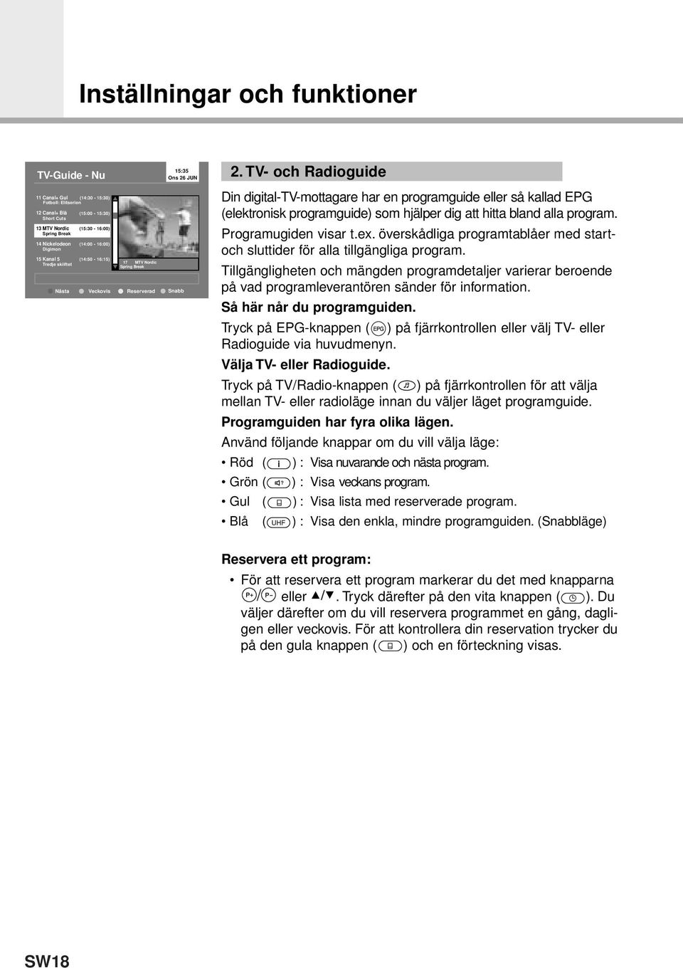 TV- och Radioguide Din digital-tv-mottagare har en programguide eller så kallad EPG (elektronisk programguide) som hjälper dig att hitta bland alla program. Programugiden visar t.ex.