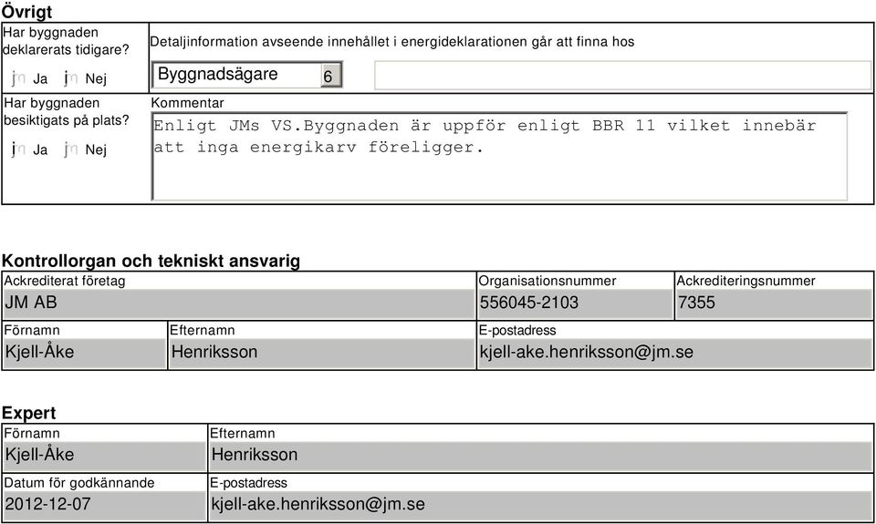 Byggnaden är uppför enligt BBR 11 vilket innebär att inga energikarv föreligger.