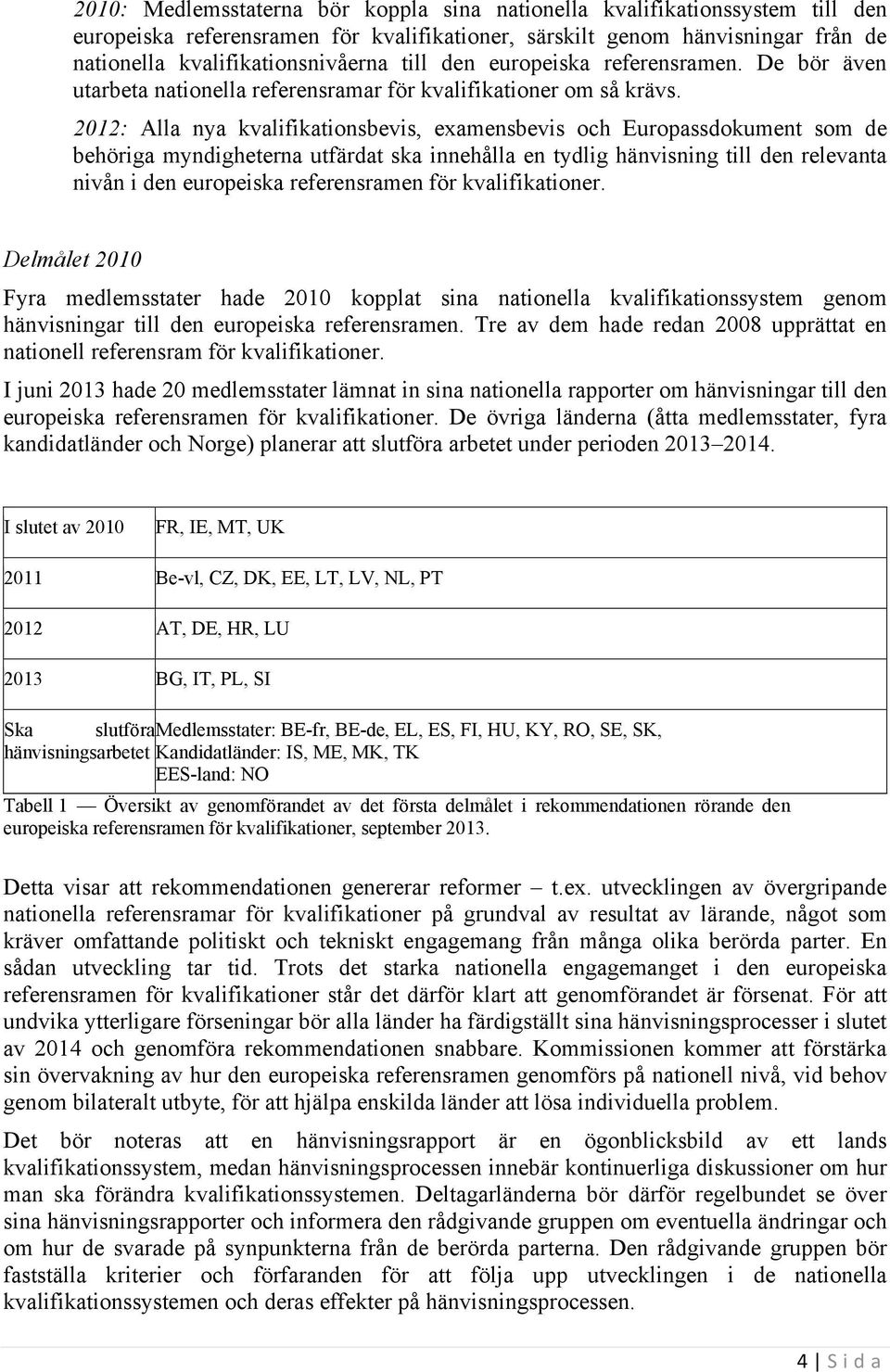 2012: Alla nya kvalifikationsbevis, examensbevis och Europassdokument som de behöriga myndigheterna utfärdat ska innehålla en tydlig hänvisning till den relevanta nivån i den europeiska referensramen