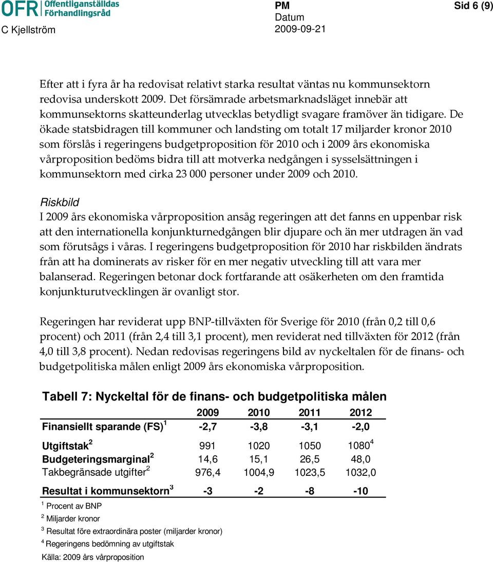 De ökade statsbidragen till kommuner och landsting om totalt 17 miljarder kronor 2010 som förslås i regeringens budgetproposition för 2010 och i 2009 års ekonomiska vårproposition bedöms bidra till