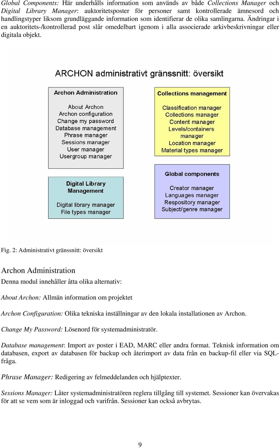 2: Administrativt gränssnitt: översikt Archon Administration Denna modul innehåller åtta olika alternativ: About Archon: Allmän information om projektet Archon Configuration: Olika tekniska