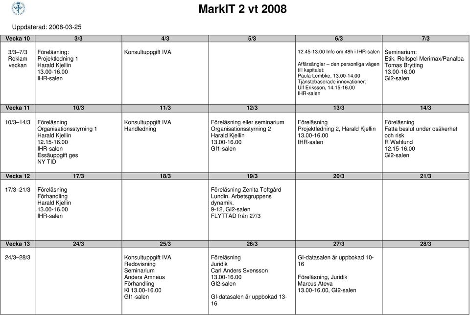 Rollspel Merimax/Panalba Tomas Brytting Vecka 11 10/3 11/3 12/3 13/3 14/3 10/3 14/3 Organisationsstyrning 1 12.15-16.