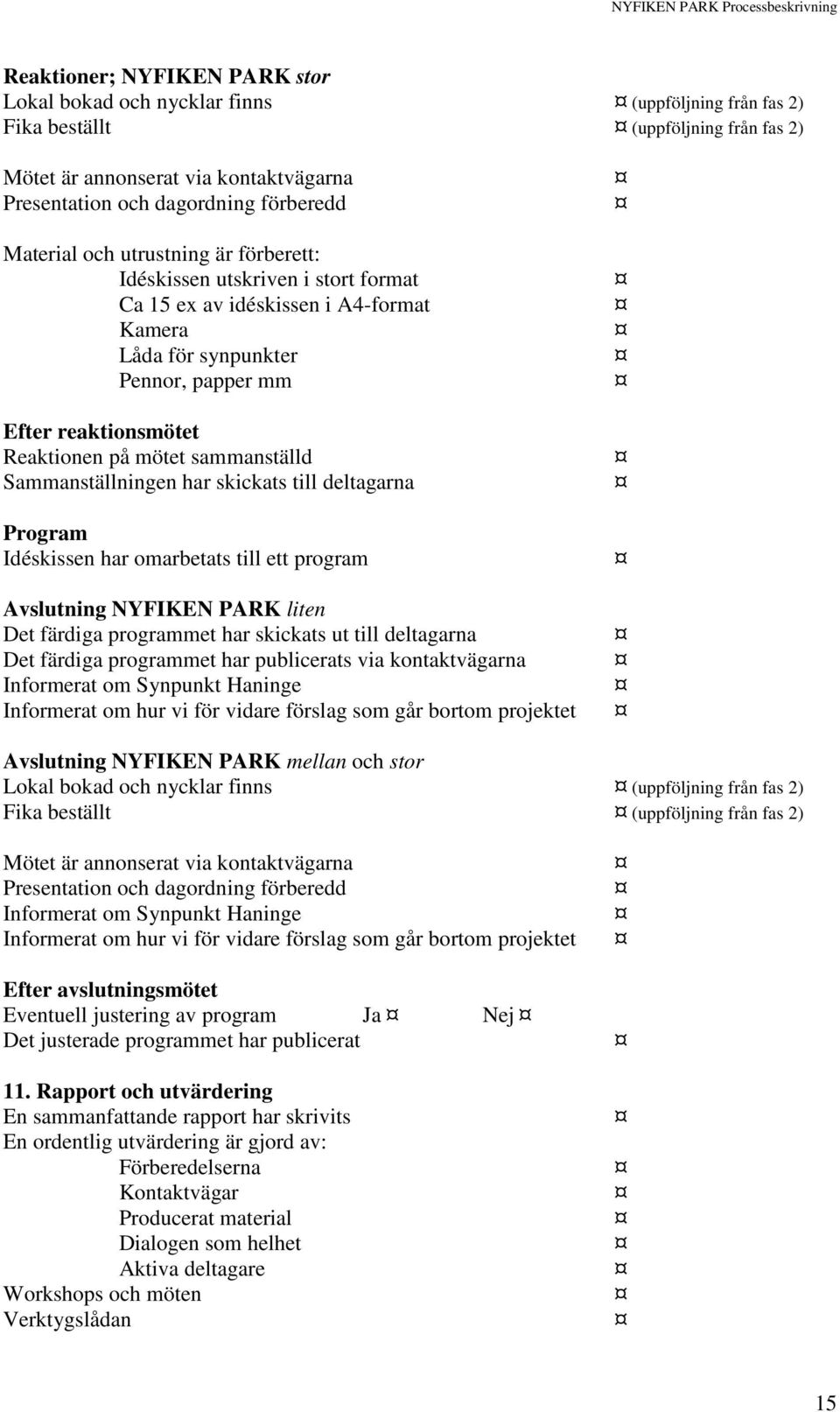 mötet sammanställd Sammanställningen har skickats till deltagarna Program Idéskissen har omarbetats till ett program Avslutning NYFIKEN PARK liten Det färdiga programmet har skickats ut till