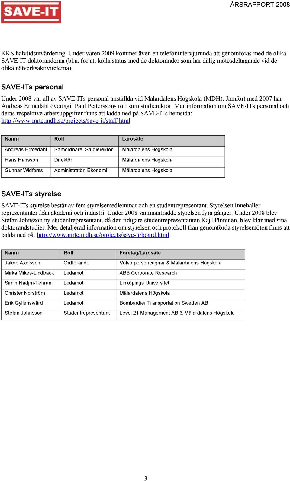 Mer information om SAVE-ITs personal och deras respektive arbetsuppgifter finns att ladda ned på SAVE-ITs hemsida: http://www.mrtc.mdh.se/projects/save-it/staff.