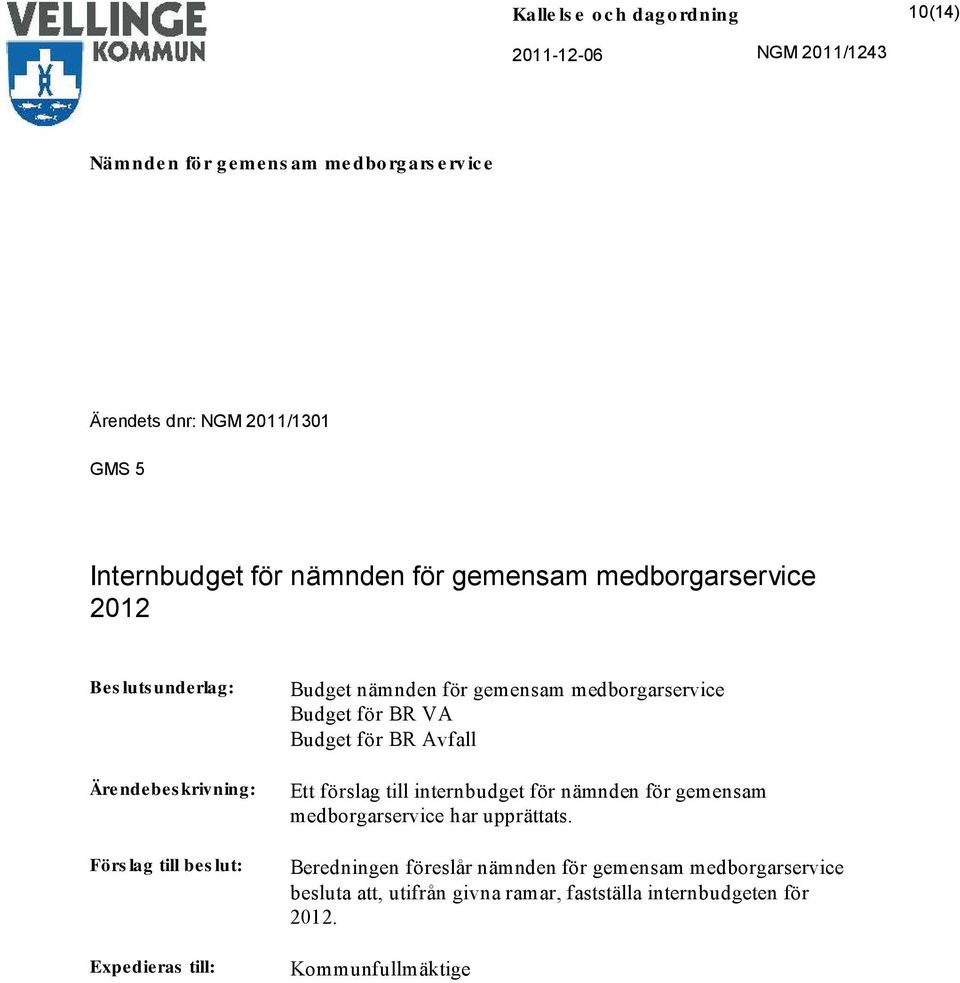 förslag till internbudget för nämnden för gemensam medborgarservice har upprättats.