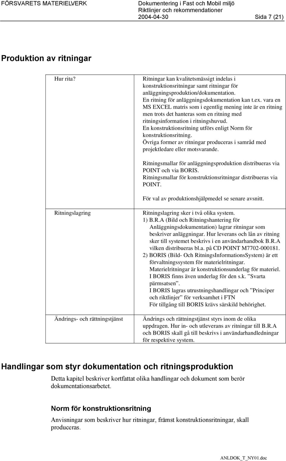 En konstruktionsritning utförs enligt Norm för konstruktionsritning. Övriga former av ritningar produceras i samråd med projektledare eller motsvarande.