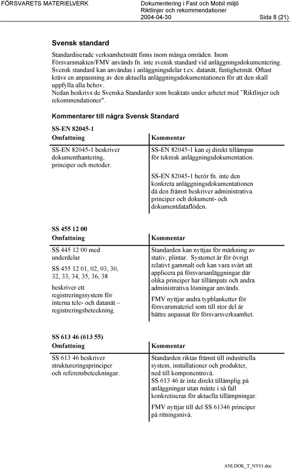 Nedan beskrivs de Svenska Standarder som beaktats under arbetet med Riktlinjer och rekommendationer".