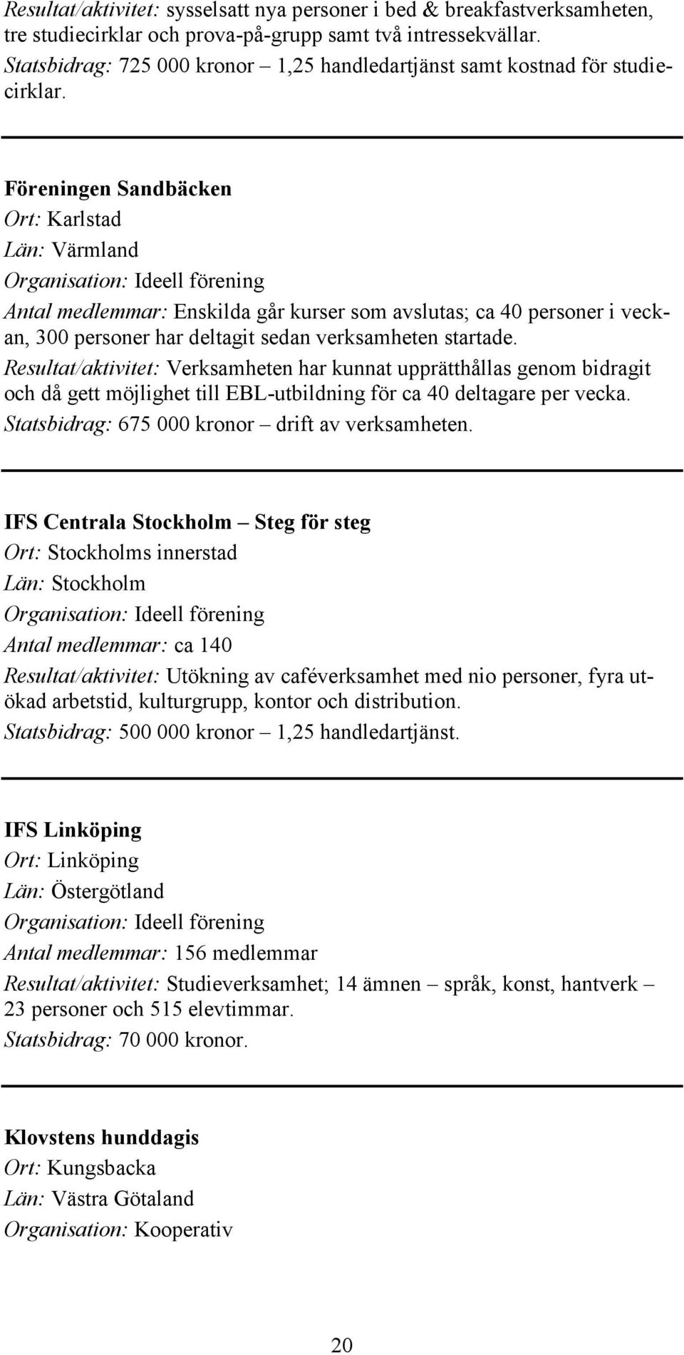 Föreningen Sandbäcken Ort: Karlstad Län: Värmland Antal medlemmar: Enskilda går kurser som avslutas; ca 40 personer i veckan, 300 personer har deltagit sedan verksamheten startade.