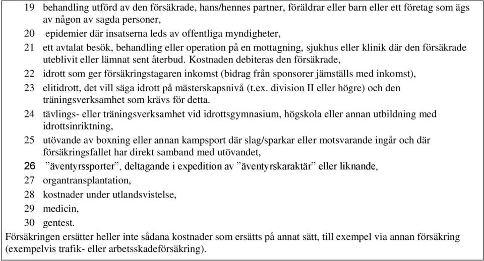 Kostnaden debiteras den försäkrade, 22 idrott som ger försäkringstagaren inkomst (bidrag från sponsorer jämställs med inkomst), 23 elitidrott, det vill säga idrott på mästerskapsnivå (t.ex.