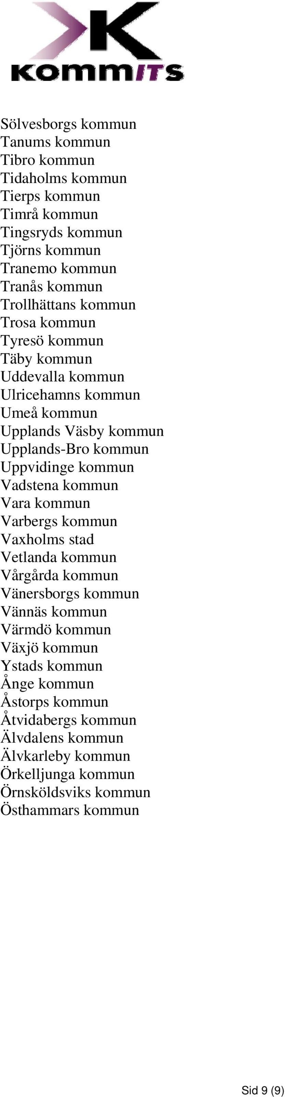 Uppvidinge kommun Vadstena kommun Vara kommun Varbergs kommun Vaxholms stad Vetlanda kommun Vårgårda kommun Vänersborgs kommun Vännäs kommun Värmdö kommun