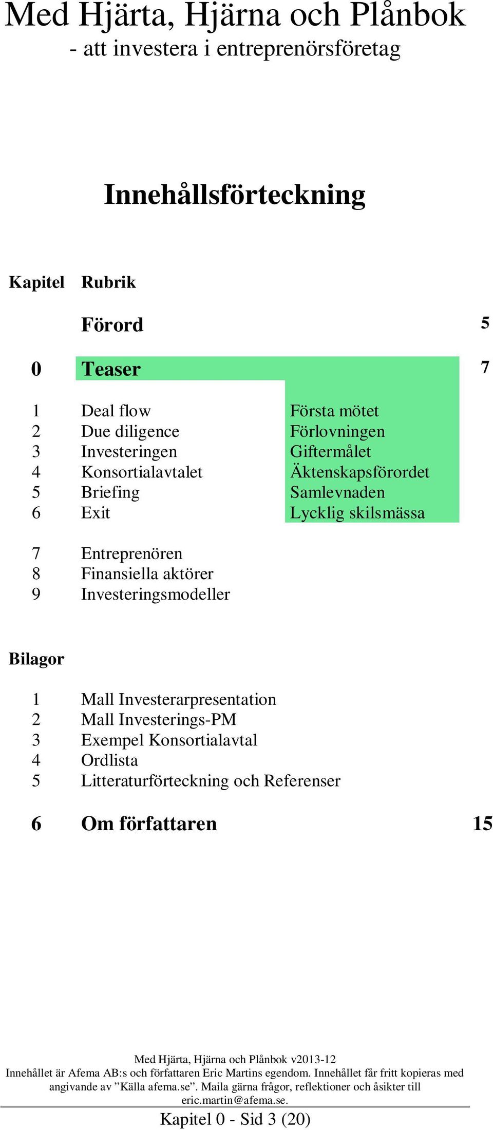 Entreprenören 8 Finansiella aktörer 9 Investeringsmodeller Bilagor 1 Mall Investerarpresentation 2 Mall