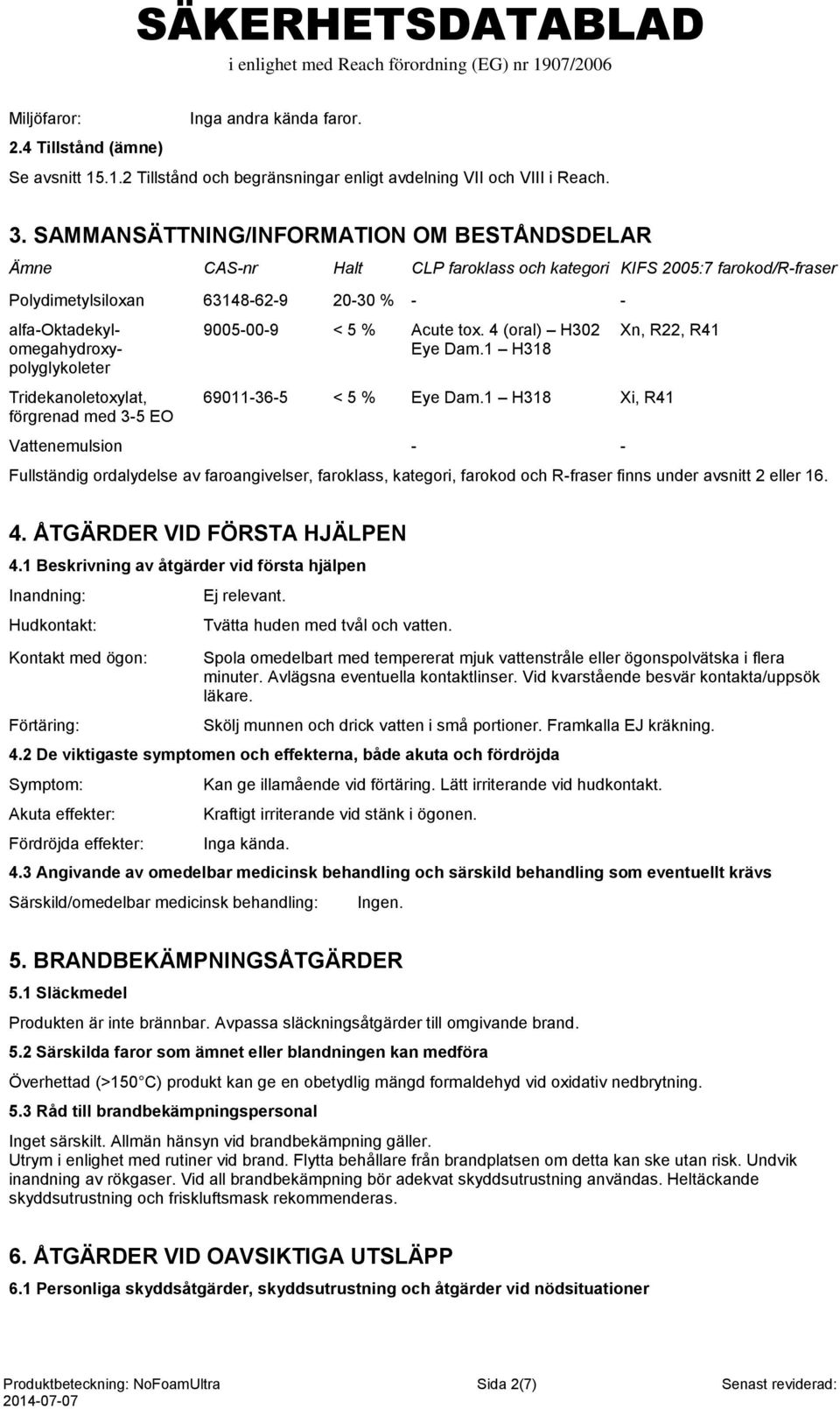 Tridekanoletoxylat, förgrenad med 3-5 EO 9005-00-9 < 5 % Acute tox. 4 (oral) H302 Eye Dam.1 H318 Xn, R22, R41 69011-36-5 < 5 % Eye Dam.